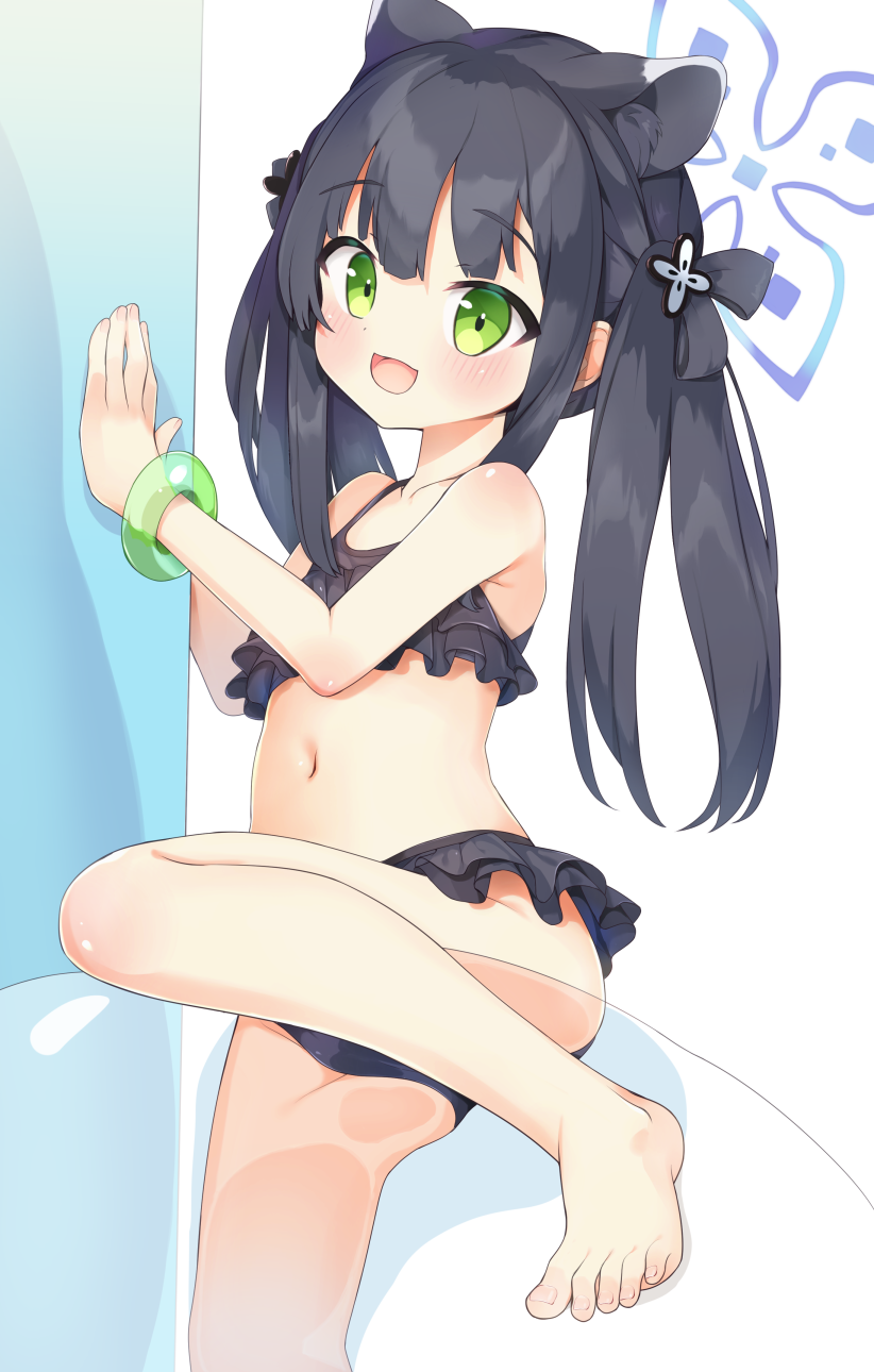 1girl, aku_oribi, animal_ears, bangle, barefoot, bikini, black_bikini, black_hair, black_ribbon, blue_archive, bracelet, frilled_bikini, frills, green_eyes, hair_ribbon, highres, jewelry, loli, long_hair, navel, open_mouth, ribbon, shun_(blue_archive), shun_(small)_(blue_archive), smile, solo, swimsuit, tiger_ears, tiger_girl, transparent, twintails