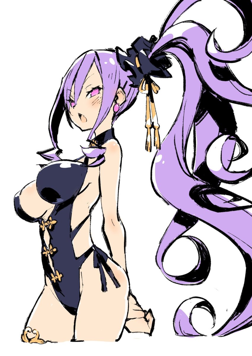 1girl, arms_behind_back, bare_shoulders, black_one-piece_swimsuit, breasts, cleavage, earrings, fate/grand_order