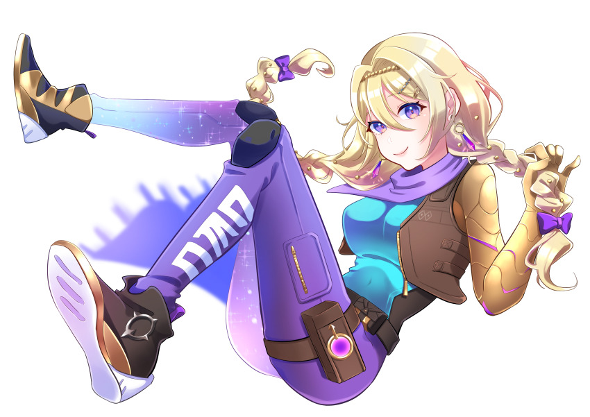1girl, absurdres, astra_(valorant), astra_(valorant)_(cosplay), belt, black_shoes, blonde_hair, blue_shirt, braid, breasts, brown_belt, cosplay, earrings, floating, hair_behind_ear, hair_between_eyes, highres, hoshina_reki, jewelry, long_hair, looking_at_viewer, maha5, maha5japan, mechanical_arms, medium_breasts, pants, purple_eyes, purple_pants, purple_scarf, re_mistar, scarf, shirt, shoes, single_mechanical_arm, smile, sneakers, solo, transparent_background, twin_braids, valorant, virtual_youtuber, white_background