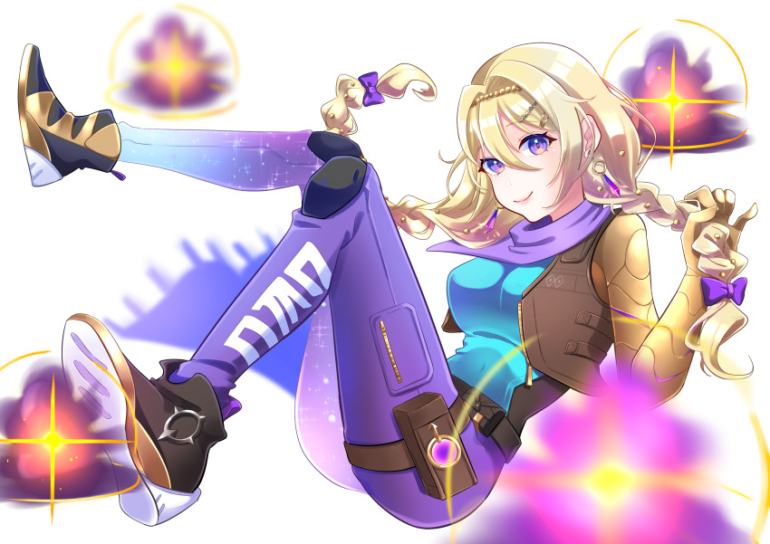 1girl, absurdres, astra_(valorant), astra_(valorant)_(cosplay), belt, black_shoes, blonde_hair, blue_shirt