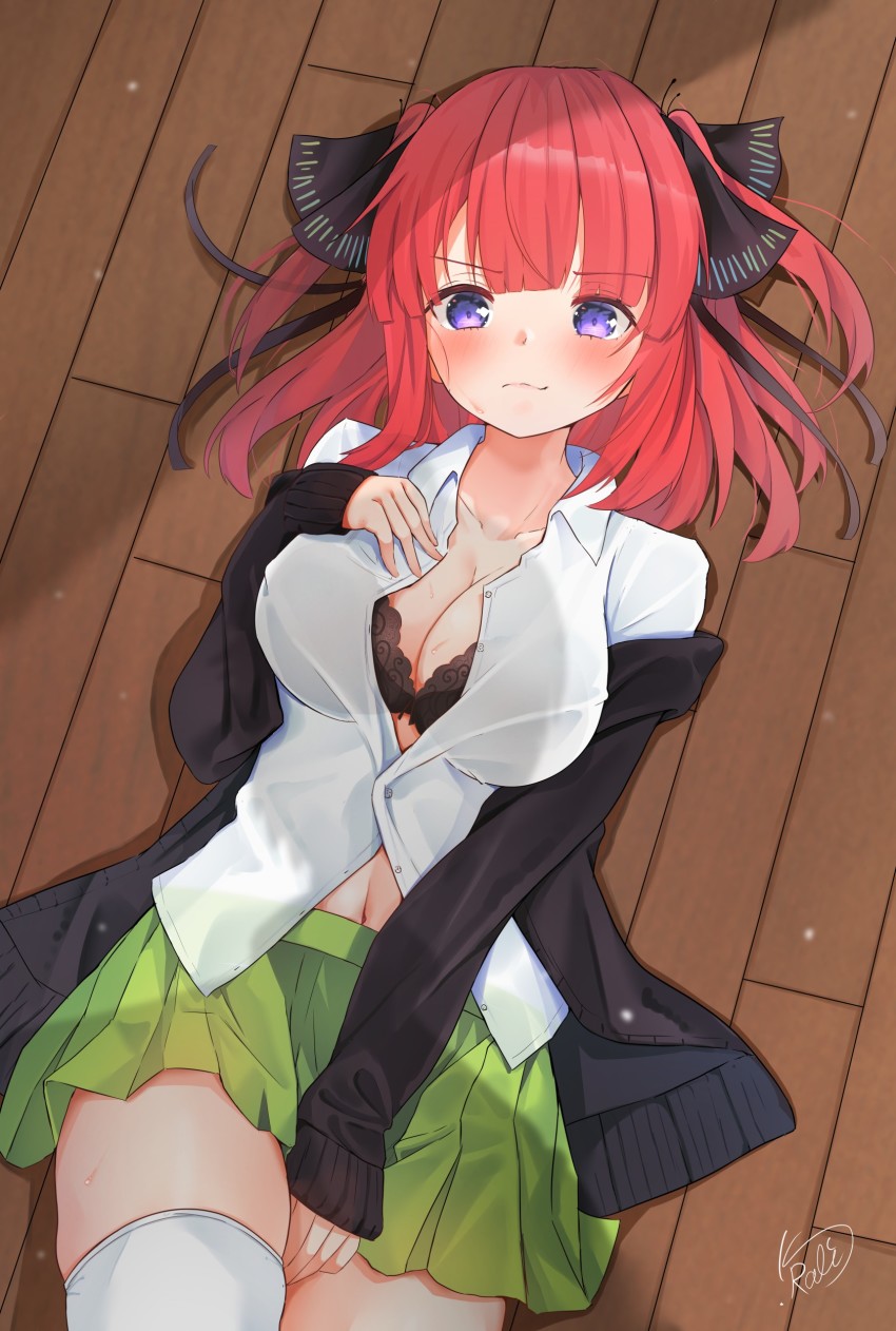 1girl, absurdres, between_legs, black_cardigan, black_ribbon, blush, bra, breasts, butterfly_hair_ornament, cardigan, cleavage, closed_mouth, collarbone, collared_shirt, dress_shirt, from_above, go-toubun_no_hanayome, green_skirt, hair_ornament, hair_ribbon, hand_between_legs, hand_on_own_chest, highres, indoors, kamimori_kuuraku, large_breasts, long_sleeves, looking_at_viewer, lying, medium_hair, miniskirt, nakano_nino, navel, off_shoulder, on_back, on_floor, open_cardigan, open_clothes, open_shirt, partially_unbuttoned, pleated_skirt, purple_eyes, red_hair, ribbon, school_uniform, shirt, sidelocks, skindentation, skirt, sleeves_past_wrists, solo, sweat, thighhighs, thighs, two_side_up, underwear, watermark, white_shirt, white_thighhighs, wing_collar, wooden_floor, zettai_ryouiki
