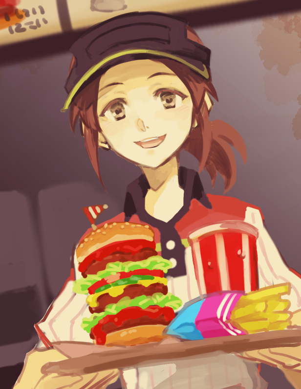 1girl, brown_eyes, brown_hair, burger, collared_shirt, drink, female_focus, food