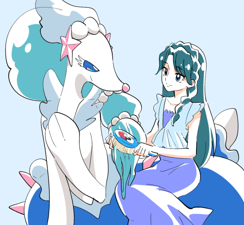 1girl, blue_background, blue_dress, blue_eyes, blue_hair, brushing_hair, collarbone, cure_mermaid, dress, gen_7_pokemon, go!_princess_precure, hair_brush, hand_in_another's_hair, haru_283, long_hair, looking_at_viewer, nintendo, pearl_hair_ornament, poke_ball_print, pokemon, pokemon_(creature), precure, primarina, smile, tail