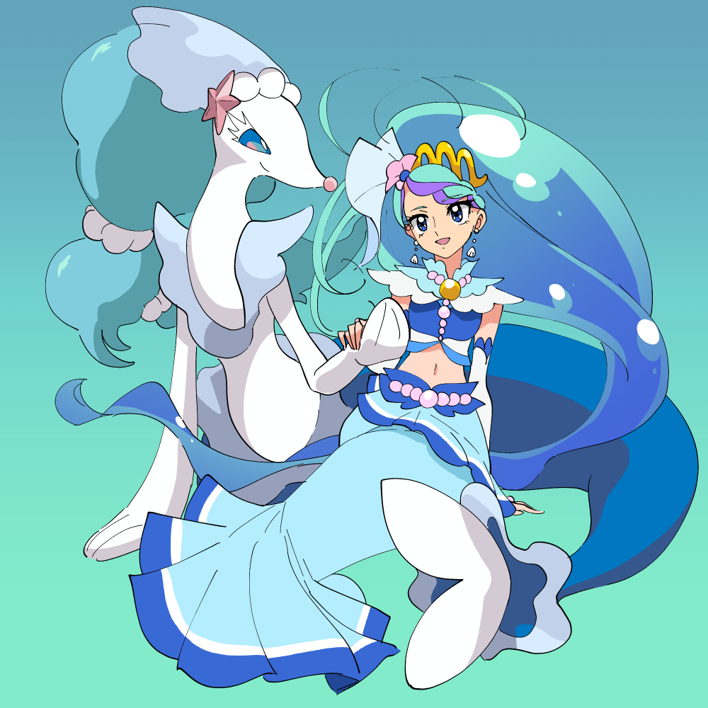 1girl, blue_dress, blue_eyes, blue_hair, cure_mermaid, dress, earrings, gen_7_pokemon