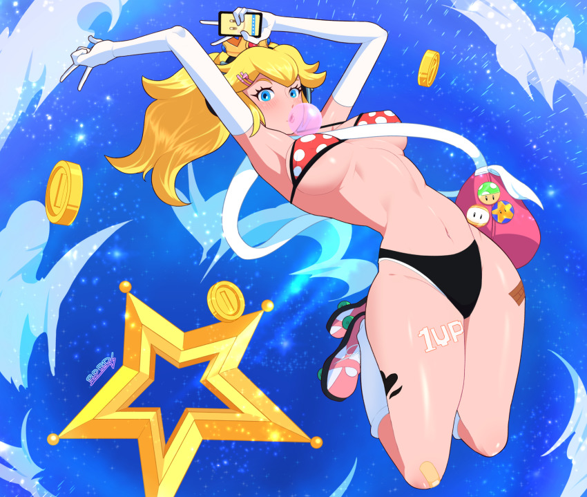 1-up_mushroom, 1girl, 1up, arched_back, armpits, arms_up, artist_name, bag, bandaid, bandaid_on_knee, bandaid_on_leg, bandaid_on_thigh, bdrd, between_breasts, bikini, black_bikini, black_footwear, blonde_hair, blue_eyes, blue_sky, breasts, blowing_bubbles, cellphone, chewing_gum, coin, covered_erect_nipples, crown, elbow_gloves, eyelashes, fire_flower, full_body, gloves, hair_ornament, hairclip, headphones, heart, heart_tattoo, highleg, highleg_bikini, highres, hip_focus, holding, holding_phone, kneehighs, large_breasts, launch_star_(mario), leg_tattoo, legs_up, lips, long_hair, looking_at_viewer, mario_(series), midair, navel, nintendo, perry_(mario), phone, pink_bag, pink_footwear, polka_dot, polka_dot_bikini, ponytail, princess_peach, red_bikini, roller_skates, shiny_skin, shoulder_bag, skates, sky, smartphone, socks, solo, star_(sky), super_star_(mario), starry_sky, stomach, strap_between_breasts, strap_gap, super_mario_bros._1, super_princess_peach, swimsuit, tattoo, thick_eyebrows, thighs, v, white_bikini, white_footwear, white_gloves, white_socks