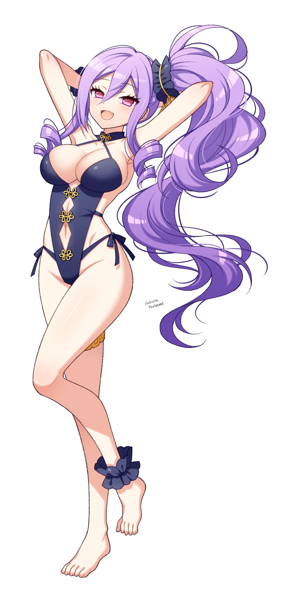 1girl, bare_shoulders, barefoot, black_one-piece_swimsuit, breasts, cleavage, earrings, fate/grand_order