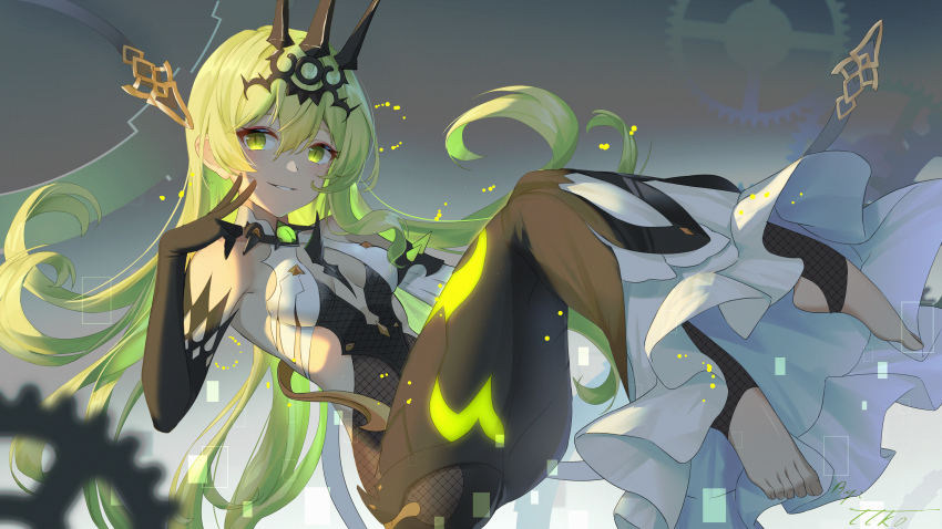 1girl, absurdres, ass_cutout, blush, bodystocking, clothing_cutout, elbow_gloves, eyeball_necklace, fishnet_bodystocking, fishnets, gloves, green_eyes, green_hair, grin, headpiece, heel-less_legwear, highres, honkai_(series), honkai_impact_3rd, knees_up, leotard, long_hair, long_skirt, mobius_(honkai_impact), side_cutout, skin_tight, skirt, slit_pupils, smile, solo, toeless_legwear, v, very_long_hair, w-t