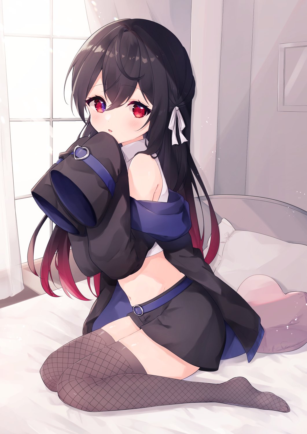 1girl, akuo_11, belt, black_hair, blue_eyes, blush, collared_shirt, fishnet_thighhighs
