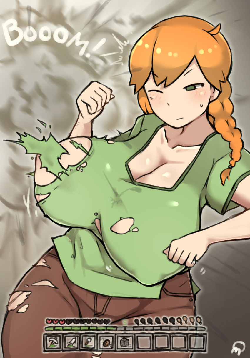 1girl, ahoge, alex_(minecraft), areola_slip, braid, breasts, brown_pants, censored_nipples