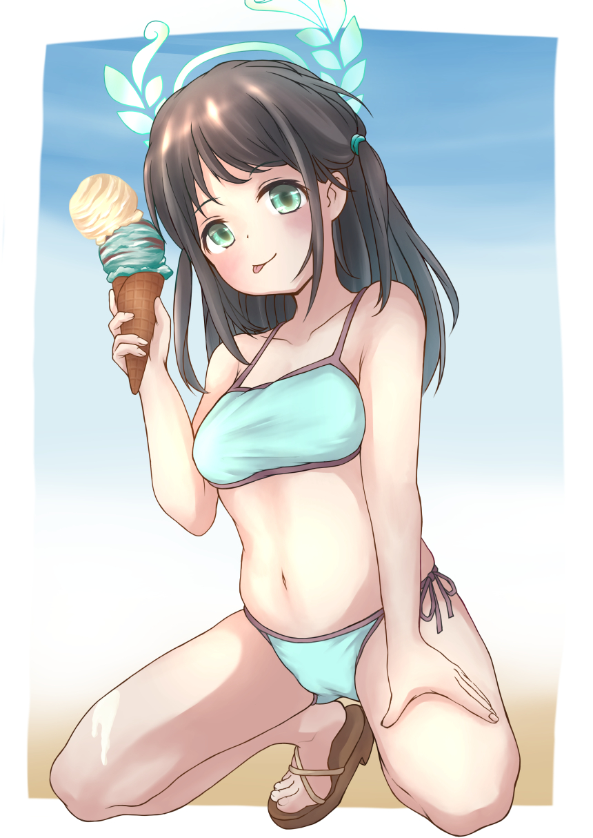 1girl, 2o7dg8er, airi_(blue_archive), bikini, blue_archive, blue_bra, blue_panties, blush, bra, food, green_eyes, halo, highres, ice_cream, kneeling, long_hair, midriff, navel, panties, sandals, side-tie_bikini_bottom, spill, swimsuit, tongue, tongue_out, underwear