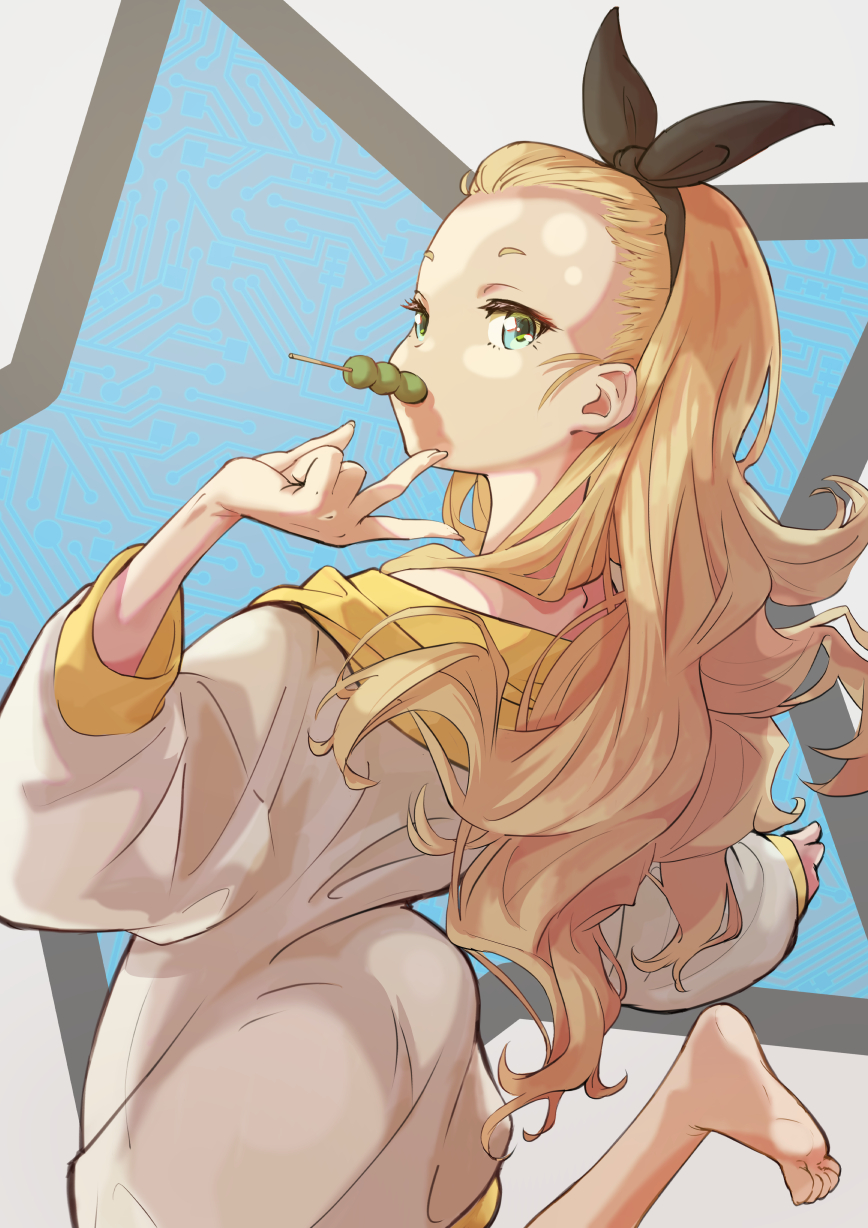 1girl, aqua_eyes, arakan, ass, back, barefoot, black_ribbon, blonde_hair, dango, eating, food, food_in_mouth, hair_ornament, hair_pulled_back, hairband, highres, hood, hoodie, kurumi_(lycoris_recoil), long_hair, long_hoodie, looking_at_viewer, lycoris_recoil, multicolored_background, ribbon, solo, star_(symbol), turning_head, v, very_long_hair, wagashi, white_hoodie, yellow_hood