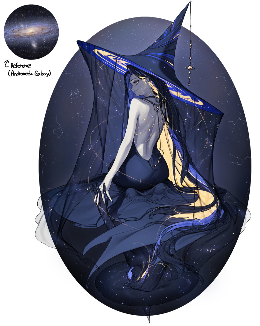 2girls, absurdres, ass, back, back_tattoo, backless_dress, backless_outfit, bare_arms, bare_back, black_hair, blonde_hair, blue_dress, blue_hair, blue_headwear, closed_mouth, colored_inner_hair, colored_skin, constellation, constellation_tattoo, dress, from_behind, grey_skin, hair_behind_ear, highres, holding_hands, long_hair, looking_back, multicolored_hair, multiple_girls, original, oversized_hat, personification, reference_inset, rinotuna, seiza, sitting, space, star_(sky), tattoo, veil, very_long_hair, yellow_eyes