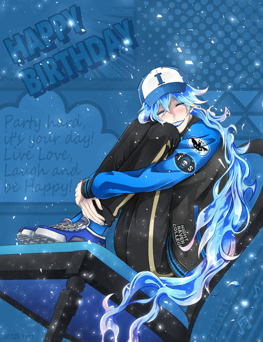 105_(asa103), 1boy, ^_^, artist_name, baseball_cap, beamed_sixteenth_notes, black_jacket, black_pants, blue_background, blue_eyeshadow, blue_hair, blue_hat, blue_jacket, blue_lips, blue_shoes, blue_socks, chair, closed_eyes, commentary_request, eighth_note, emblem, english_text, eyelashes, eyeshadow, fiery_hair, full_body, grin, hair_between_eyes, happy_birthday, hat, highres, hugging_own_legs, idia_shroud, jacket, knees_up, letterman_jacket, long_hair, long_sleeves, makeup, male_focus, mixed-language_commentary, multicolored_jacket, musical_note, on_chair, pants, pocket, raised_eyebrows, sharp_teeth, shoes, sidelocks, sitting, sixteenth_note, smile, sneakers, socks, solo, teeth, twisted_wonderland, twitter_username, two-tone_jacket, very_long_hair