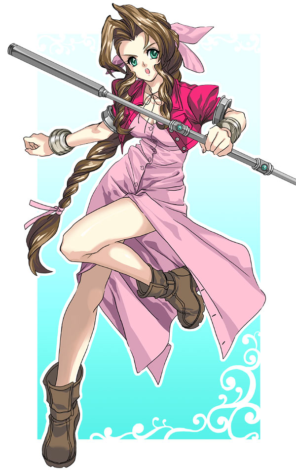 1990s_(style), 1girl, aerith_gainsborough, boots, bow, bracelet, braid, brown_hair