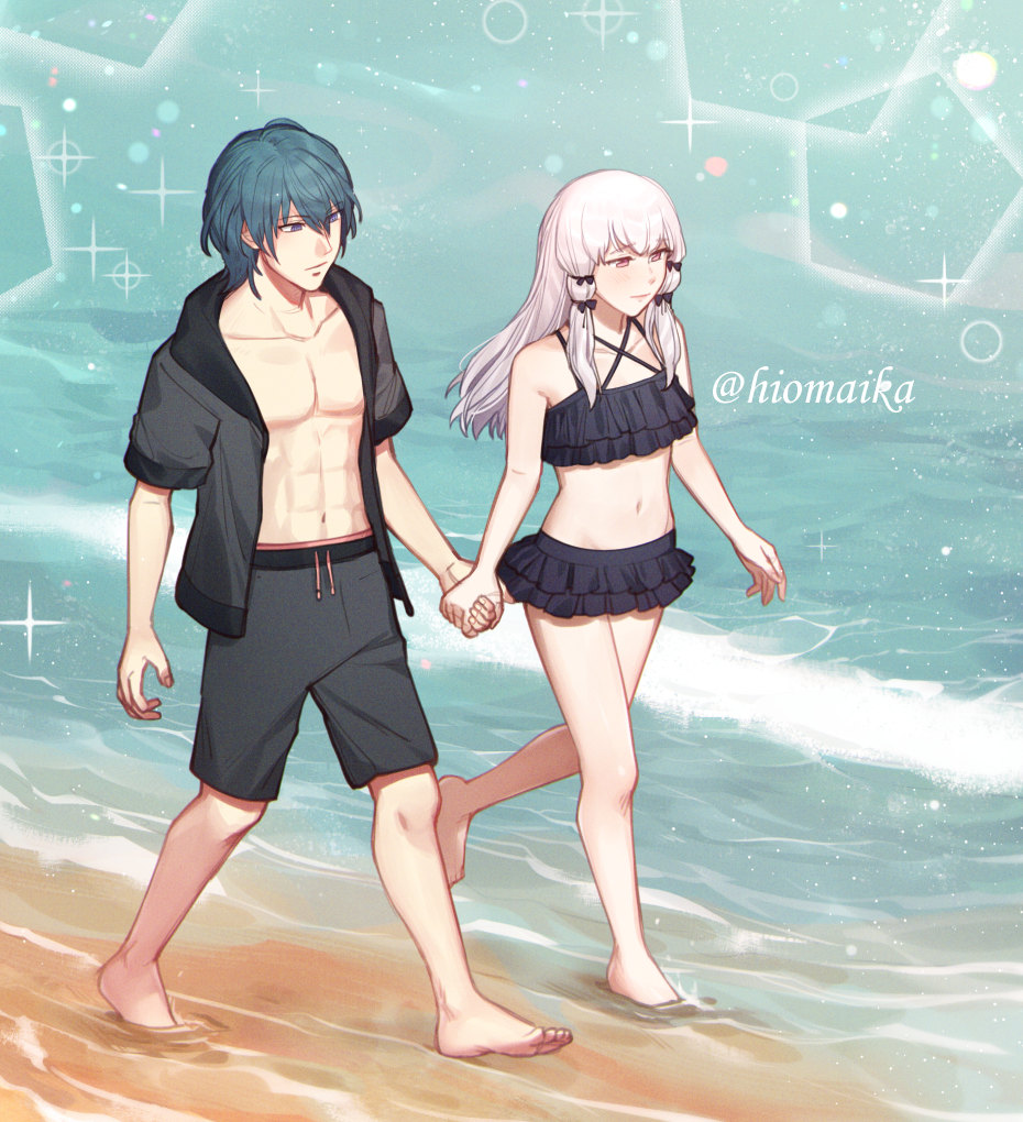 1boy, 1girl, alternate_costume, barefoot, beach, bikini, black_bikini, black_jacket