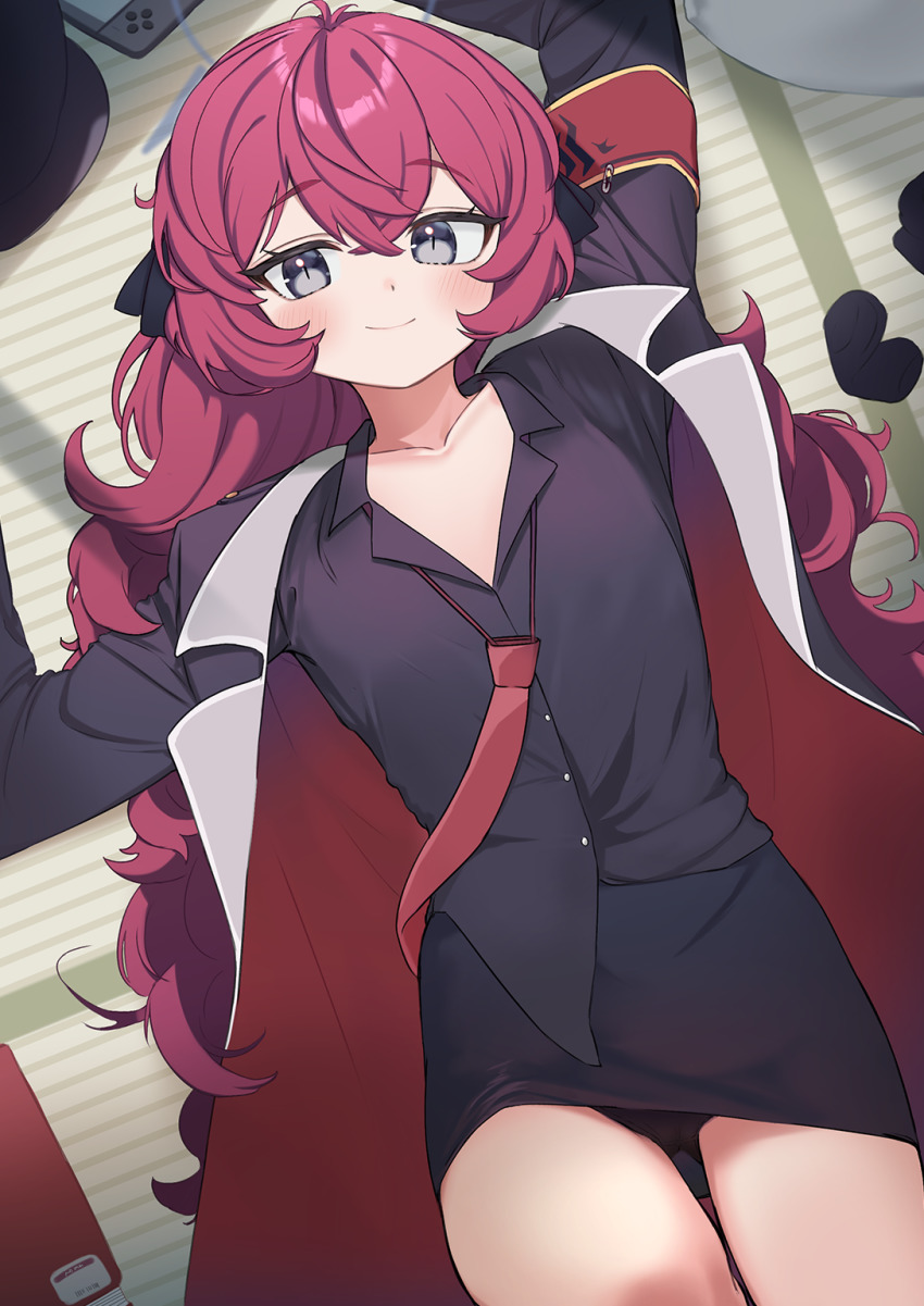 ahoge, black_shirt, blue_archive, breasts, closed_mouth, coat, collarbone, collared_shirt, cowboy_shot, crossed_bangs, gluteal_fold, grey_eyes, hair_ribbon, hat, highres, iroha_(blue_archive), jacket, loli, long_hair, looking_at_viewer, loose_necktie, lying, military, military_hat, military_jacket, military_uniform, nanana_narang, necktie, on_back, open_clothes, open_coat, panties, pantyshot, pencil_skirt, red_hair, red_necktie, ribbon, safety_pin, shirt, skirt, small_breasts, smile, thigh_gap, underwear, very_long_hair, wavy_hair