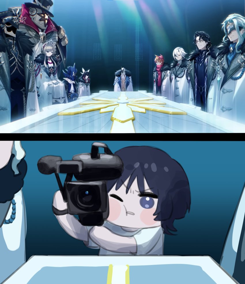 3girls, arlecchino_(genshin_impact), badamon, black_eyes, black_hair, blue_eyes, breasts, capitano_(genshin_impact), chibi, cleavage, closed_mouth, coat, columbina_(genshin_impact), crimson_lotus_moth_(genshin_impact), dottore_(genshin_impact), fatui_coat, fur-trimmed_coat, fur_trim, genshin_impact, gloves, hair_between_eyes, highres, multicolored_hair, multiple_girls, pale_skin, pantalone_(genshin_impact), pierro_(genshin_impact), pulcinella_(genshin_impact), purple_eyes, purple_hair, sandrone_(genshin_impact), scaramouche_(genshin_impact), short_hair, tartaglia_(genshin_impact)