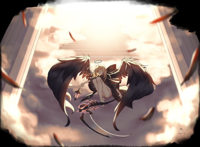 absurdres, ass, barefoot, black_feathers, black_halo, black_wings, blonde_hair, blurry