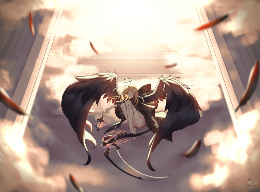 absurdres, ass, barefoot, black_feathers, black_halo, black_wings, blonde_hair, blurry