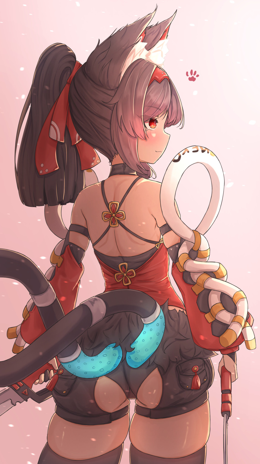1girl, absurdres, animal_ear_fluff, animal_ears, ass_cutout, bare_shoulders, blush, cat_ears, cat_girl, closed_mouth, clothing_cutout, dark-skinned_female, dark_skin, from_behind, fur-trimmed_shorts, fur_trim, gradient_background, hairband, highres, holding, holding_weapon, kyaong, looking_away, multiple_tails, nekomiya_mana, ponytail, red_eyes, red_hairband, shorts, skindentation, solo, standing, tail, tassel, thighhighs, two_tails, weapon, zenless_zone_zero