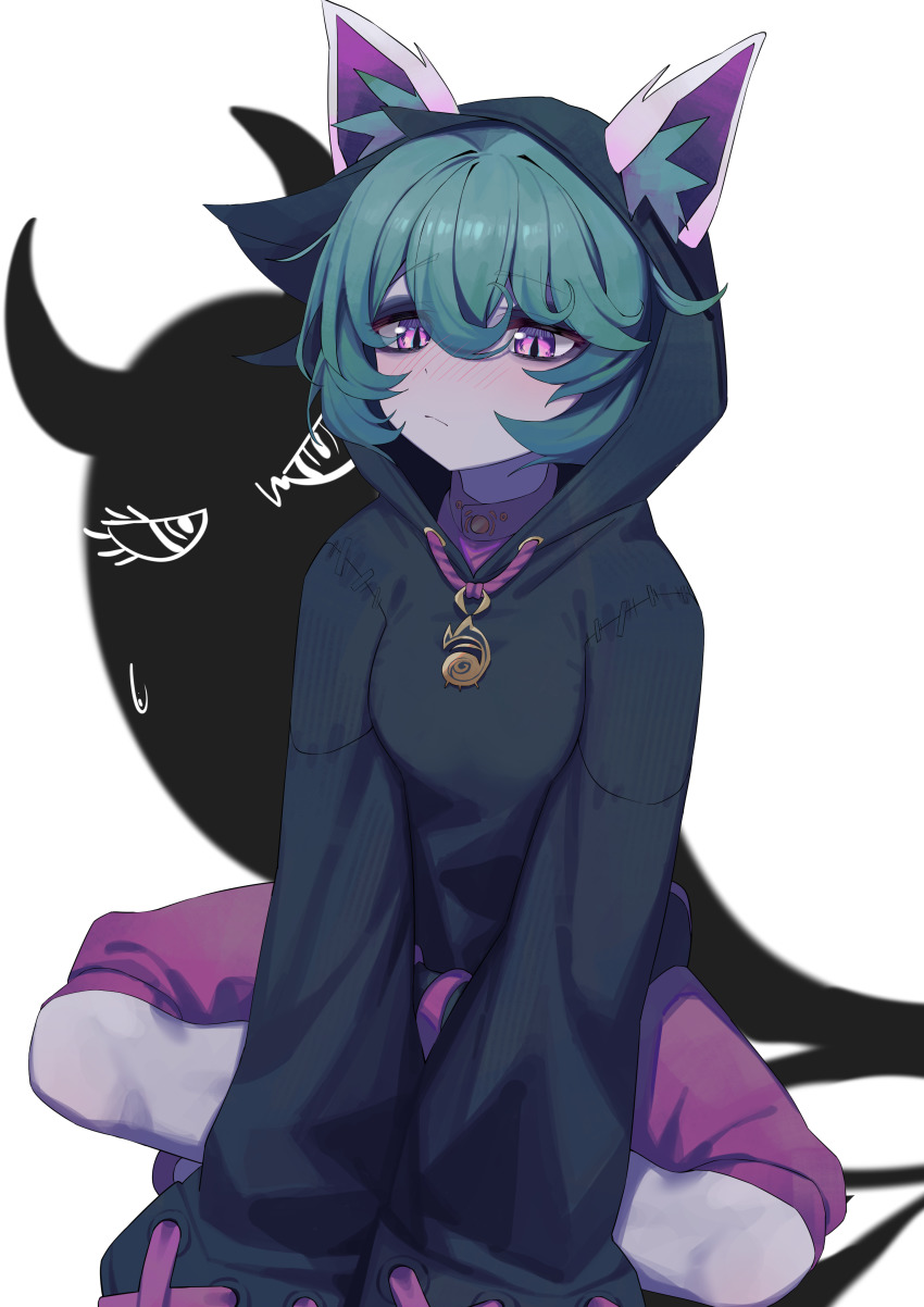 1girl, absurdres, animal_ear_fluff, animal_ears, blue_hair, blue_hoodie, blush, breasts, closed_mouth, ears_through_headwear, full_body, hair_between_eyes, highres, hood, hood_up, hoodie, indian_style, league_of_legends, long_sleeves, pink_shorts, purple_eyes, short_hair, shorts, simple_background, sitting, solo, sweatdrop, syhan, vex_(league_of_legends), vex_shadow_(league_of_legends), white_background