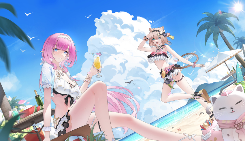2girls, absurdres, animal_ears, bare_arms, bare_legs, beach, bikini, blue_eyes