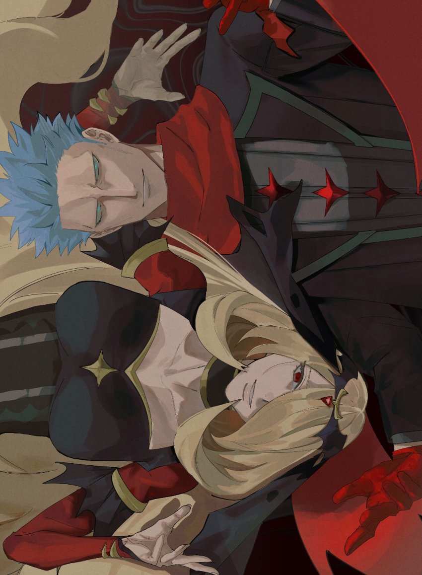 1boy, 1girl, alternate_eye_color, bad_id, bad_twitter_id, black_dress, blonde_hair, blue_eyes