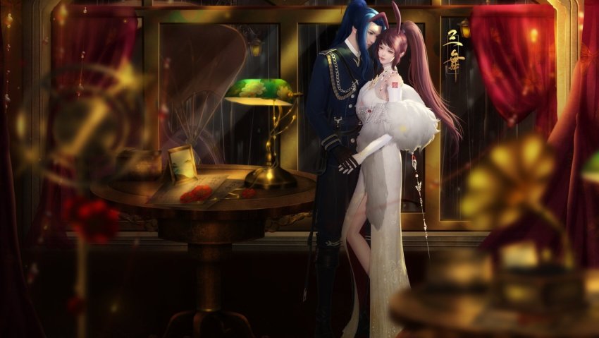 1boy, 1girl, animal_ears, bare_legs, black_gloves, blue_hair, blue_suit, brown_hair