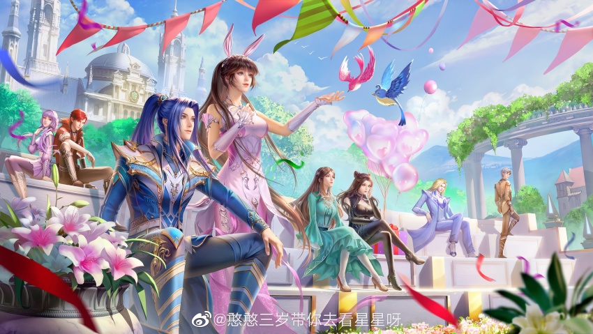 4boys, 4girls, absurdres, animal_ears, auditorium, balloon, bird, black_dress