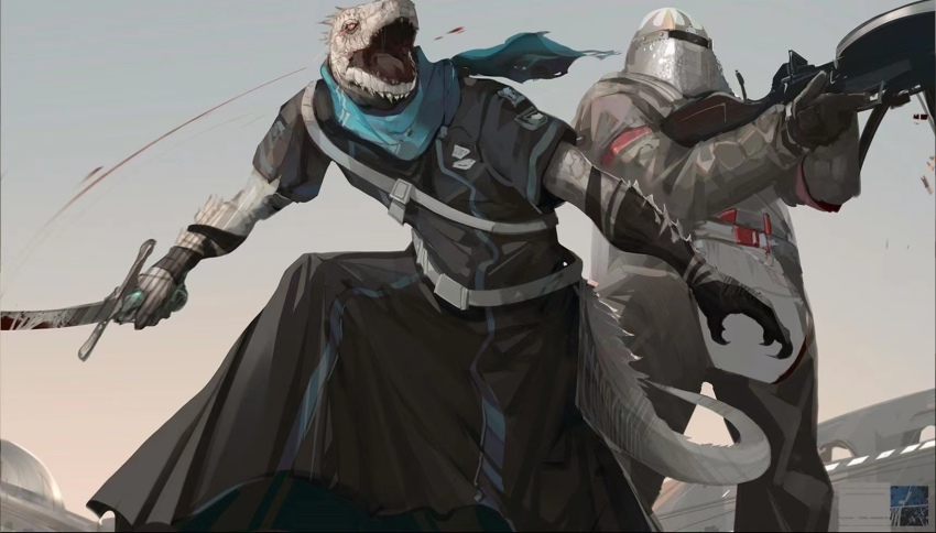 2boys, arknights, armor, bandaged_arm, bandages, blood, bloody_weapon, blue_scarf