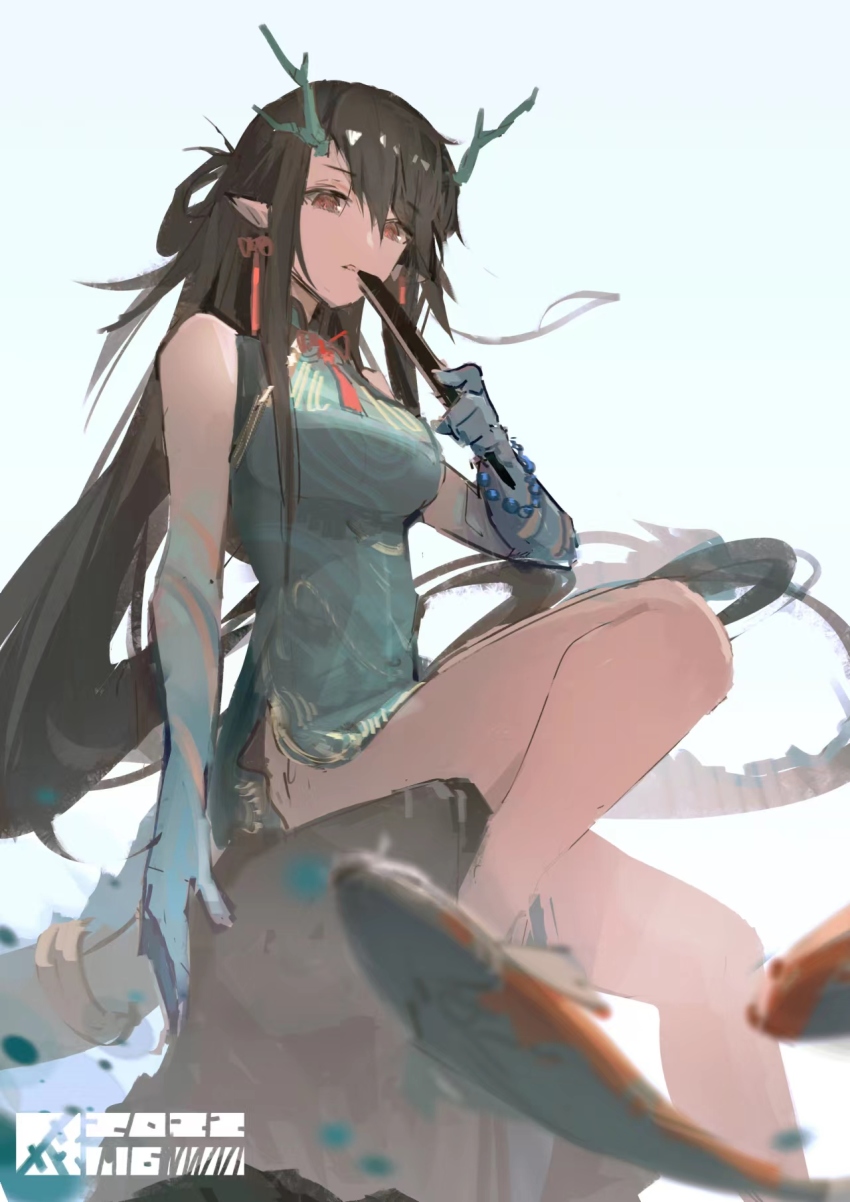 1girl, animal, arknights, bare_shoulders, bead_bracelet, beads, bracelet, brown_eyes