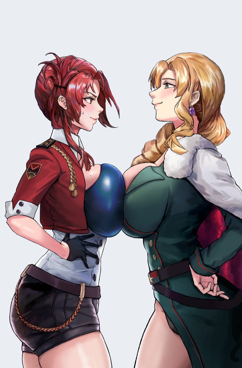 2girls, absurdres, asymmetrical_hair, bad_id, bad_pixiv_id, belt, blush, breast_press