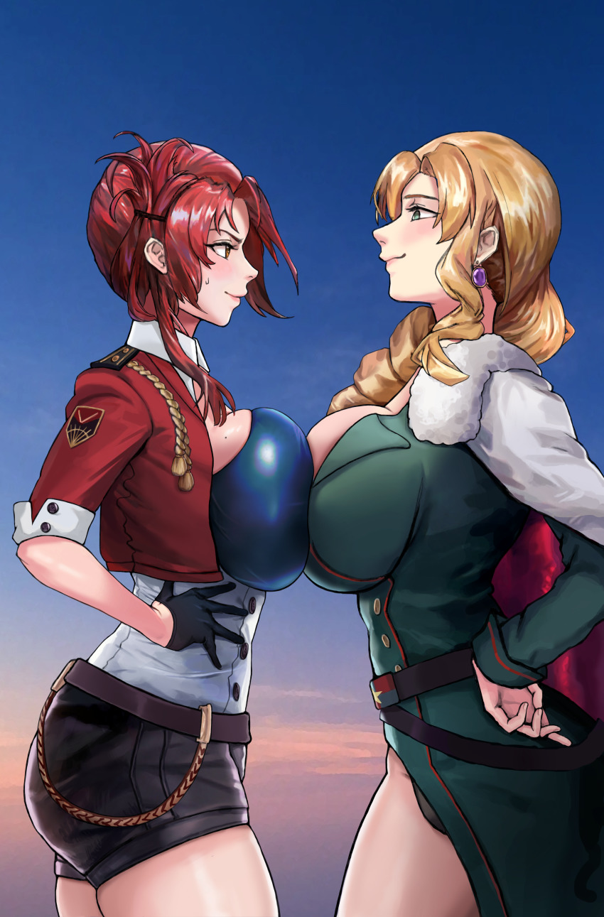 2girls, absurdres, asymmetrical_hair, bad_id, bad_pixiv_id, belt, blue_sky, blurry, blurry_background, blush, breast_press, breasts, brown_eyes, brown_hair, chain, closed_mouth, cloud, cloudy_sky, coat, cocolia_(honkai_impact), collared_shirt, cropped_jacket, drill_hair, earrings, folded_hair, from_side, fur_trim, gem, green_coat, green_eyes, hands_on_own_hips, highres, honkai_(series), honkai_impact_3rd, impossible_clothes, impossible_shirt, indoors, jewelry, large_breasts, looking_at_another, looking_at_viewer, mature_female, medium_hair, multiple_girls, murata_himeko, murata_himeko_(battle_storm), nice_(kingzone), nose, outdoors, profile, red_hair, shirt, short_shorts, shorts, sideboob, sky, smile, standing, swept_bangs, symmetrical_docking, underbust, wing_collar