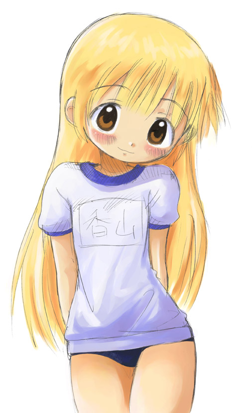 1girl, :3, arms_behind_back, blonde_hair, blue_buruma, blush, brown_eyes, buruma, female_focus, flat_chest, gym_uniform, kayama_licca, long_hair, looking_at_viewer, name_tag, norakuro_nero, shirt, short_sleeves, simple_background, smile, solo, standing, super_doll_licca-chan, white_background, white_shirt