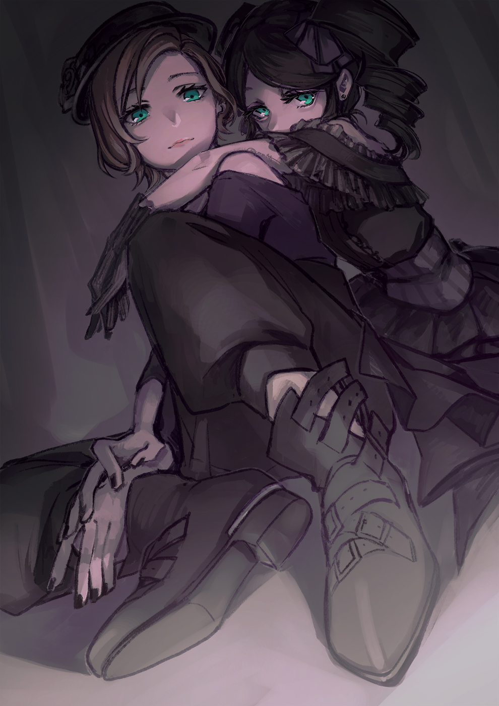 1boy, 1girl, black_dress, black_footwear, black_gloves, black_hair, black_nails, boots