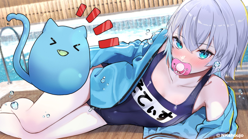 1girl, absurdres, blue_eyes, blue_jacket, blush, collarbone, flat_chest, grey_hair