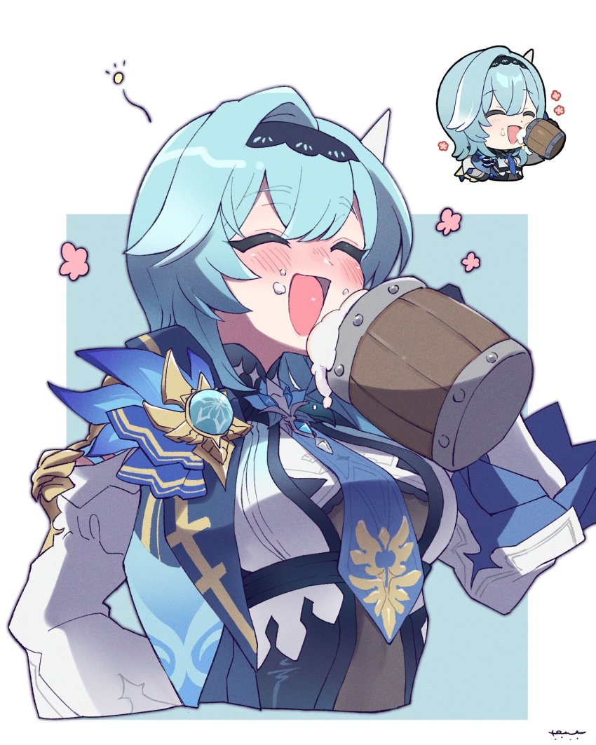 1girl, alcohol, beer, beer_mug, black_gloves, black_shorts, blue_background, blue_hair