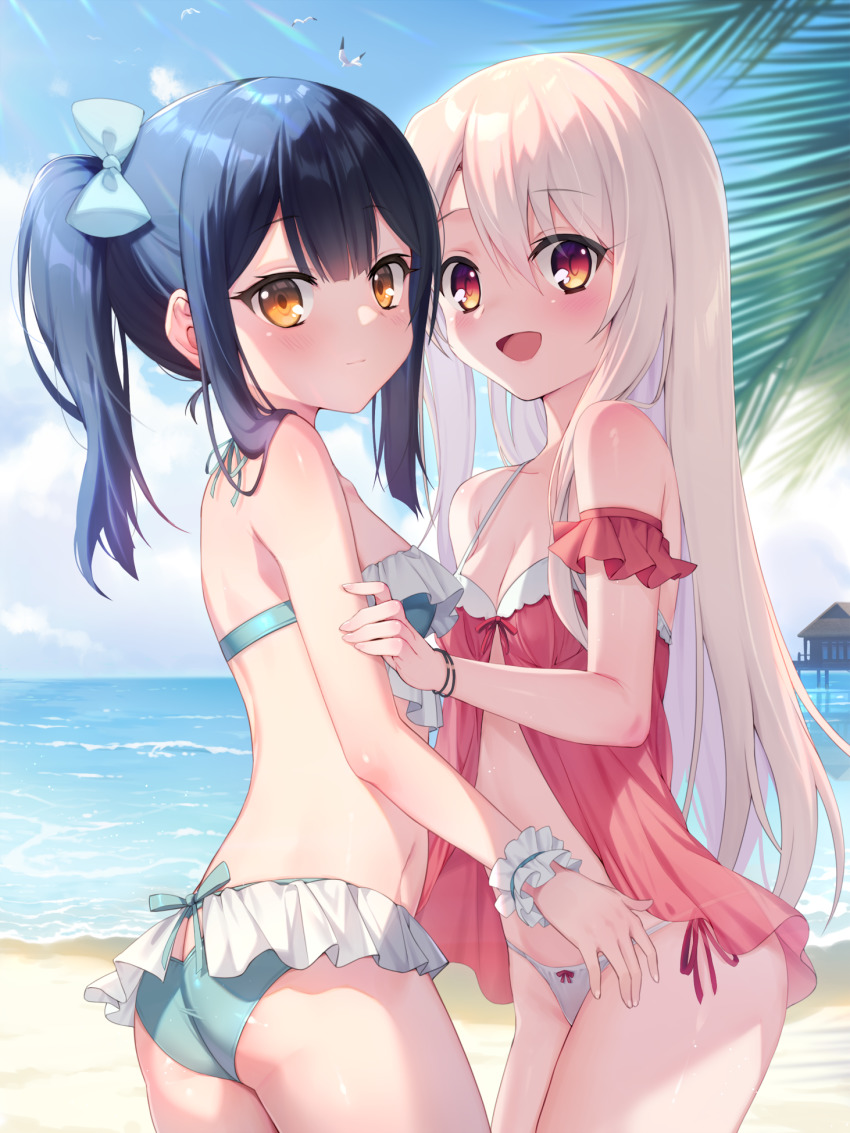 2girls, ass, ass_cutout, black_hair, blush, bow, bow_panties, breasts, brown_eyes, butt_crack, clothing_cutout, fate/kaleid_liner_prisma_illya, fate_(series), female_focus, fingernails, from_side, hair_between_eyes, hair_ornament, hairclip, highres, illyasviel_von_einzbern, long_hair, looking_at_viewer, miyu_edelfelt, multiple_girls, open_mouth, outdoors, panties, red_eyes, revision, sidelocks, small_breasts, smile, standing, taro_(ultrataro), underwear, white_hair