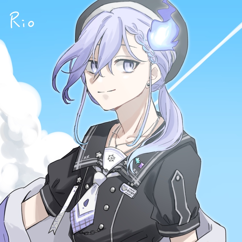 1boy, absurdres, black_headwear, black_shirt, blue_hair, braid, braided_bangs, buttons