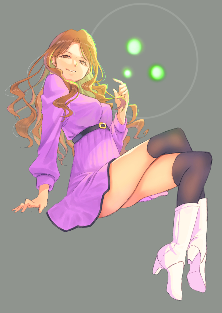 1girl, black_thighhighs, brown_eyes, brown_hair, crossed_legs, dress, from_side, full_body