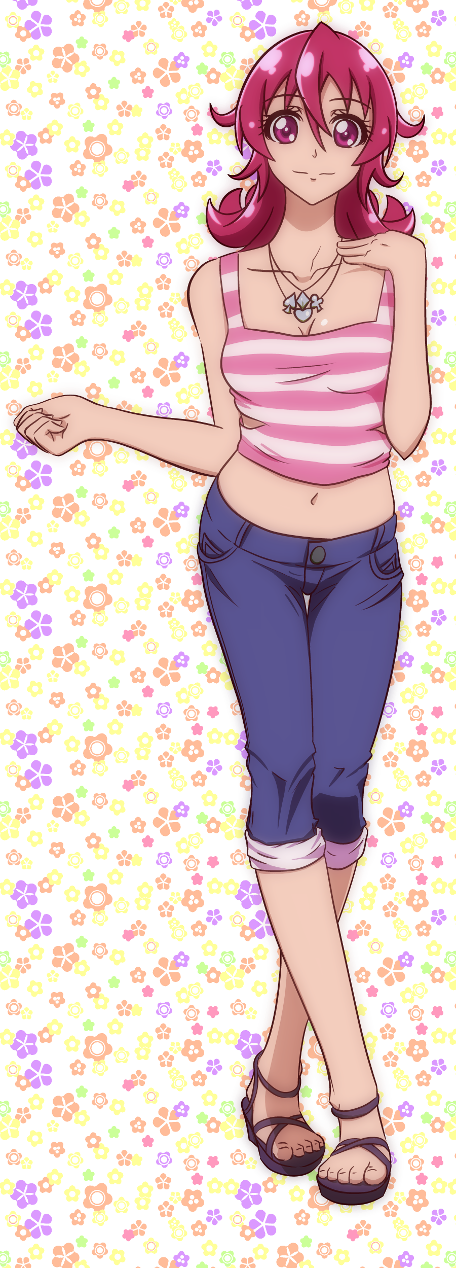 1girl, absurdres, aged_up, aida_mana, bare_arms, bebii, blue_pants, breasts, cleavage, closed_mouth, collarbone, dokidoki!_precure, full_body, hair_between_eyes, highres, jewelry, long_hair, looking_at_viewer, midriff, navel, necklace, pants, precure, red_eyes, red_hair, shirt, sleeveless, sleeveless_shirt, small_breasts, smile, solo, stomach, striped_clothes, striped_shirt, thigh_gap