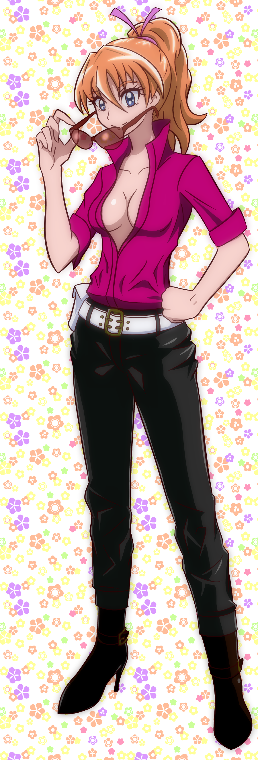 1girl, absurdres, bebii, belt, belt_buckle, black_footwear, black_pants, blue_eyes, bow, breasts, brown-framed_eyewear, brown-tinted_eyewear, brown_hair, buckle, cleavage, closed_mouth, collarbone, dress_shirt, full_body, hair_between_eyes, hair_bow, hand_on_own_hip, high_heels, high_ponytail, highres, holding, holding_removed_eyewear, houjou_hibiki, long_hair, medium_breasts, no_bra, open_clothes, open_shirt, pants, pink_bow, ponytail, precure, red_shirt, shirt, smile, solo, standing, suite_precure, sunglasses, tinted_eyewear, unworn_eyewear, white_belt