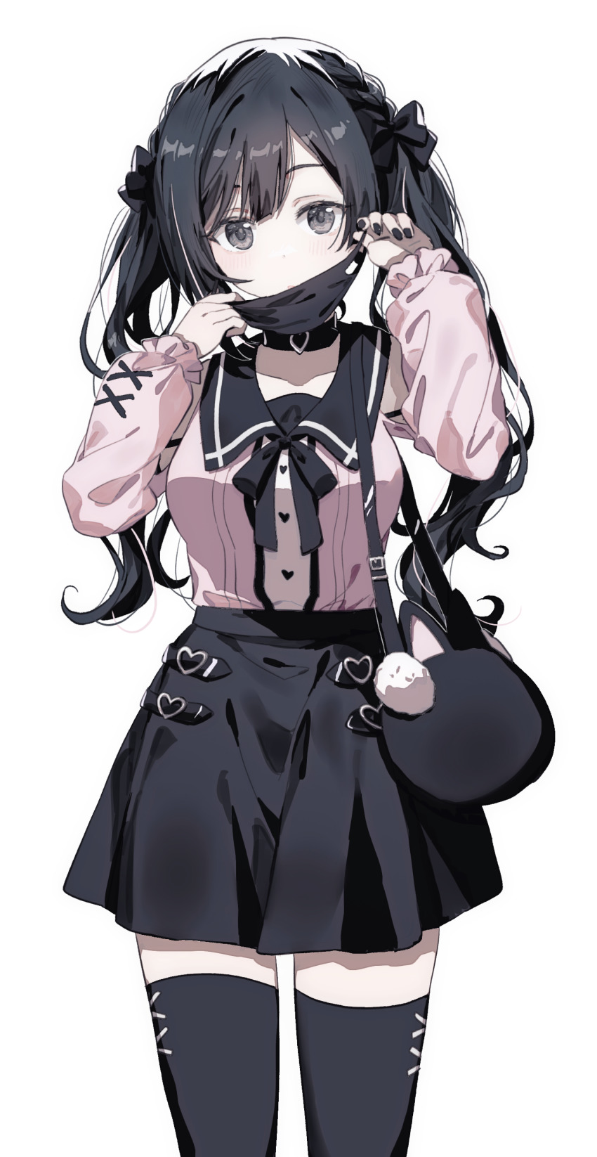 1girl, absurdres, black_bow, black_bowtie, black_collar, black_hair, black_mask, black_nails