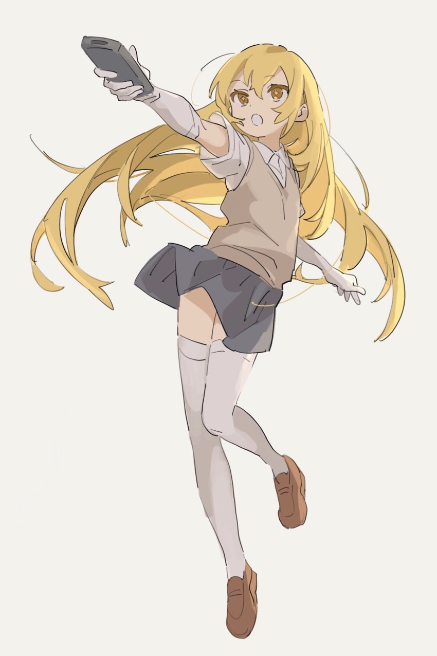 +_+, 1girl, arm_up, blonde_hair, blue_skirt, brown_sweater_vest, collared_shirt, controller