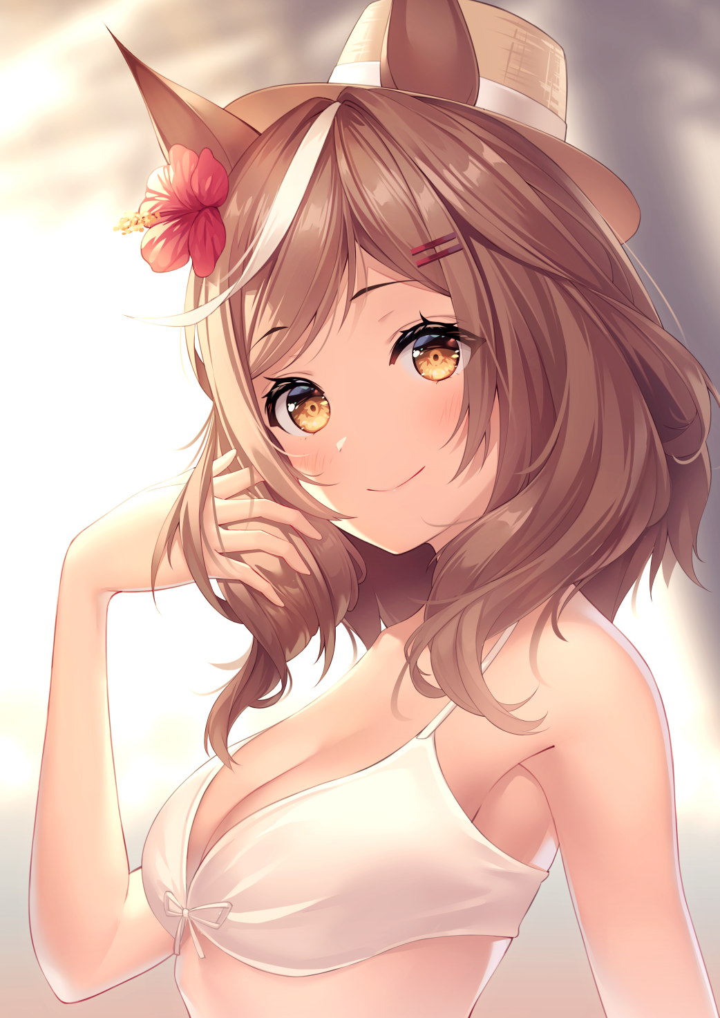 1girl, alternate_costume, animal_ears, backlighting, bikini, blush, breasts, brown_hat