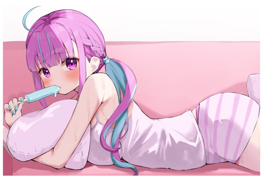 1girl, ahoge, blue_hair, blush, braid, breasts, food, food_in_mouth, french_braid, highres, hitsujisnow, hololive, hugging_object, large_breasts, long_hair, looking_at_viewer, lying, minato_aqua, multicolored_hair, nail_polish, on_stomach, pillow, pillow_hug, popsicle, popsicle_in_mouth, purple_eyes, purple_hair, shorts, solo, streaked_hair, striped_clothes, striped_shorts, twintails, two-tone_hair, virtual_youtuber