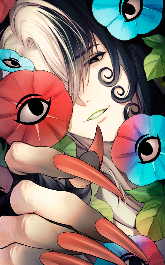 1boy, ashiya_douman_(asagao-patterned_yukata)_(fate), ashiya_douman_(fate), asymmetrical_hair, black_eyes, black_gloves, black_hair, black_skin