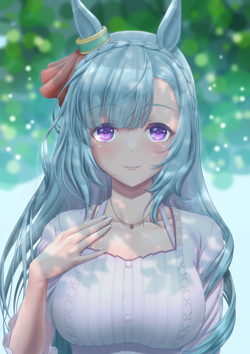 1girl, absurdres, animal_ears, blue_hair, blush, braid, breasts, collarbone