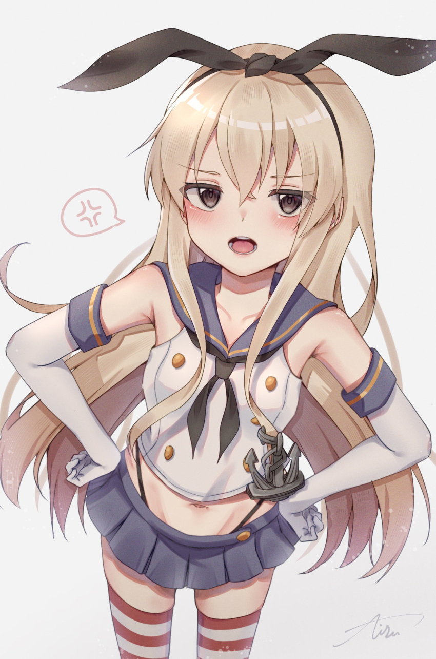 1girl, anger_vein, black_neckerchief, black_panties, blonde_hair, blue_sailor_collar, blue_skirt, blush