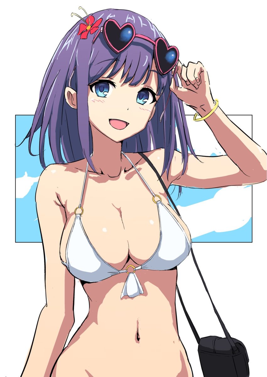 1girl, :d, bag, bikini, blue_eyes, bracelet, breasts, cleavage